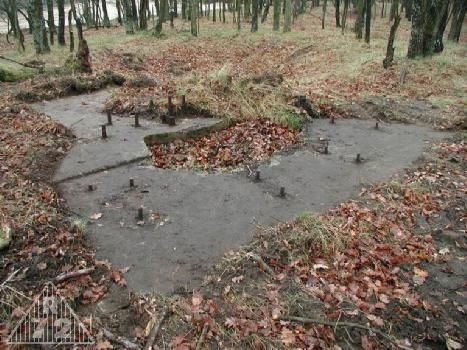 Střelnice v Hlbokém - Betonový podstavec pro lafetový rám zbraně Y (10cm houfnice vz.38). Postaven v roce 1937 ve vzdálenosti 6400m od nulového bodu.