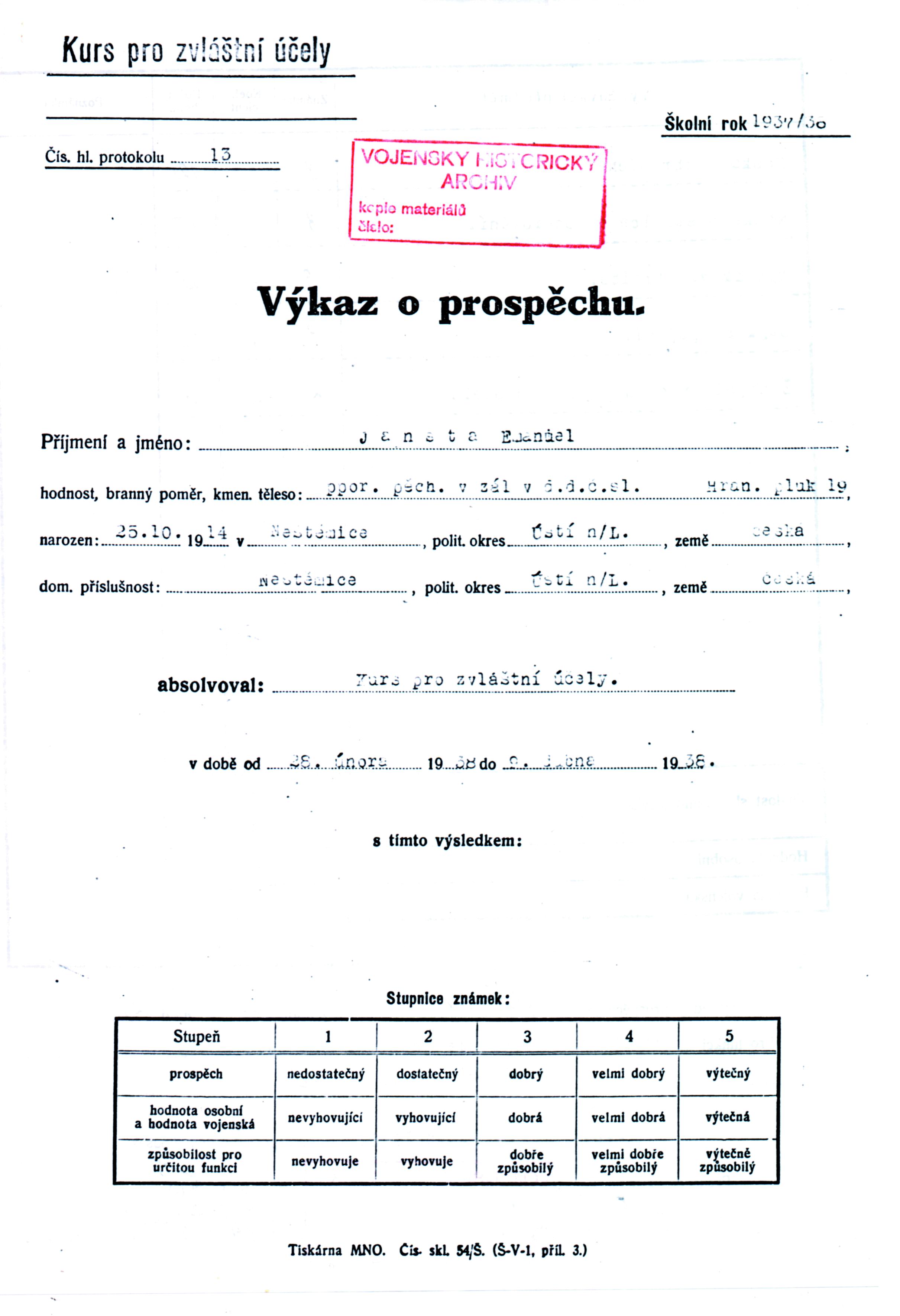 Výkaz o prospěchu velitele objektu R S-72 Emanuela Jansty