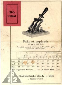 Obr. 2 - reklamní materiál firmy Josef Ježek, Hradec Králové, Čs. náměstí 76, která prováděla elektroinstalace